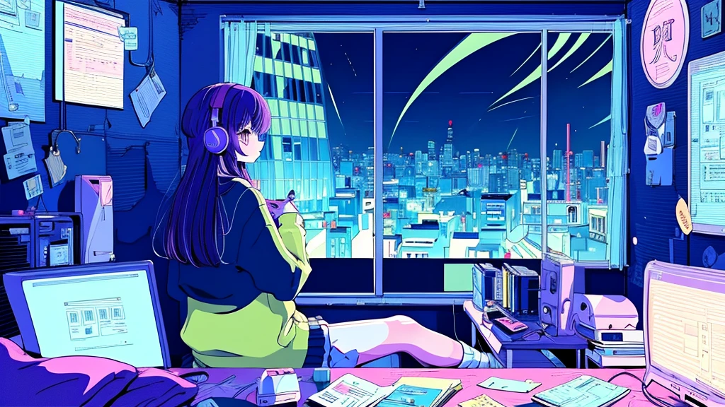 (from behind), Anime girl sitting in front of a computer in a cozy bedroom, Girl listening to music while studying in a cozy room (night), Using headphones, on the roof, (beautiful night views from windows), lots of things, 2D anime style, The aesthetics of anime in the 90s, lo-fi, long hair, very detailed, Hard disk, A mix of anime style and Fujifilm, surreal, 8K, masterpiece, violet eyes,black gloves, round glasses, long sleeves,violet hair, round glasses, Flat Chest, smile