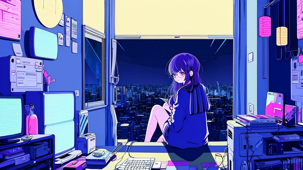 (from behind), Anime girl sitting in front of a computer in a cozy bedroom, Girl listening to music while studying in a cozy room (night), Using headphones, on the roof, (beautiful night views from windows), lots of things, 2D anime style, The aesthetics of anime in the 90s, lo-fi, long hair, very detailed, Hard disk, A mix of anime style and Fujifilm, surreal, 8K, masterpiece, violet eyes,black gloves, round glasses, long sleeves,violet hair, round glasses, Flat Chest, smile