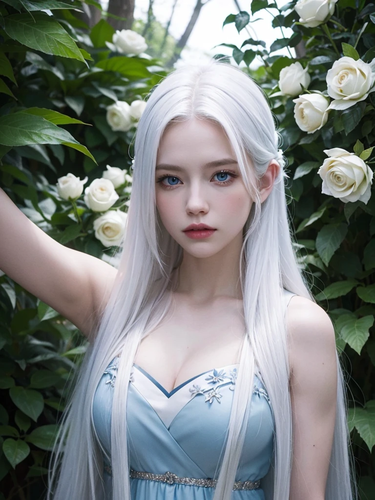 Long white hair, blue eyes, serious features, white skin, loose style, in a garden, with flowers , in the forest , killer frost the flash 