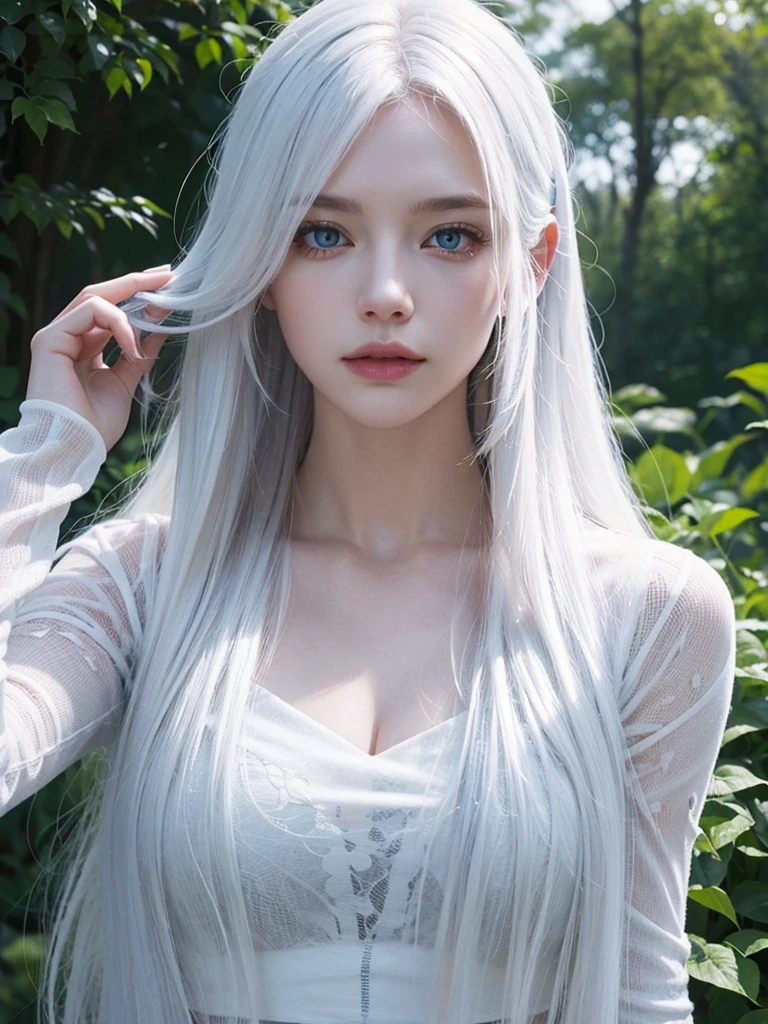 Long white hair, blue eyes, serious features, white skin, loose style, in a garden, with flowers , in the forest , killer frost the flash
