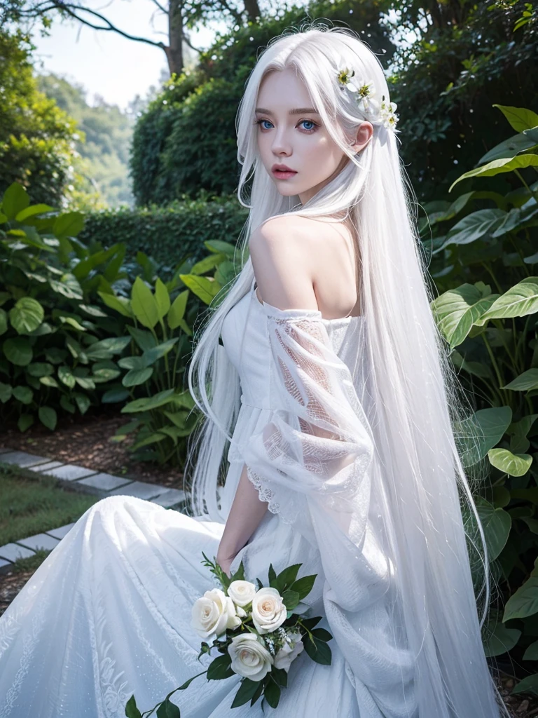 Long white hair, blue eyes, serious features, white skin, loose style, in a garden, with flowers , in the forest , killer frost the flash