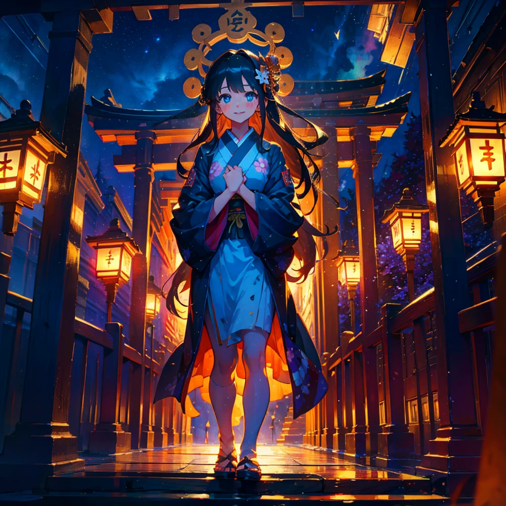 (masterpiece), (high resolution 8K), professional illustration, 1 girl, late teenage, standing, thigh focus, dutch angle, japanese clothes, kimono, hair ornament, long hair, smile, looking up, shrine, temple, torii, beautiful starry sky, natural lighting, high contrast, stunning face, symmetrical clear eyes, detailed eyes and face, detailed skin