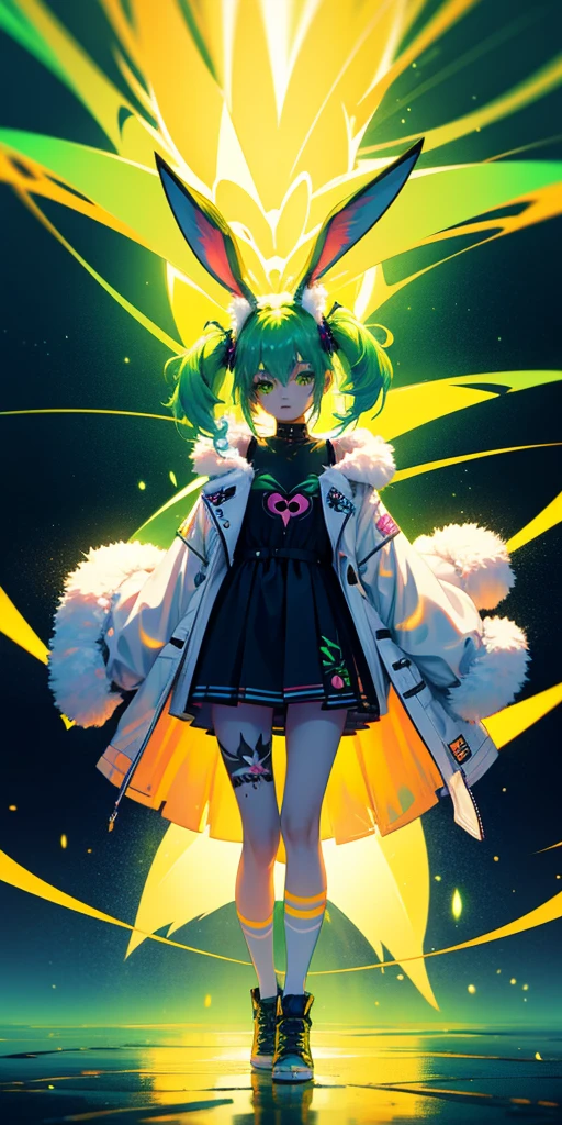 Rabbit technique , Science Fiction, Fluffy , 
1 girl, Tattoo, Glowing tattoo, Glowing eyes, Colorful glowing hair , Full body love, Green Hair,
  Kawaiitech, Soft colors, Kawaii, Lovely colors,