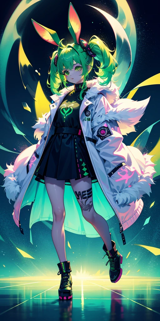 Rabbit technique , Science Fiction, Fluffy , 
1 girl, Tattoo, Glowing tattoo, Glowing eyes, Colorful glowing hair , Full body love, Green Hair,
  Kawaiitech, Soft colors, Kawaii, Lovely colors,
