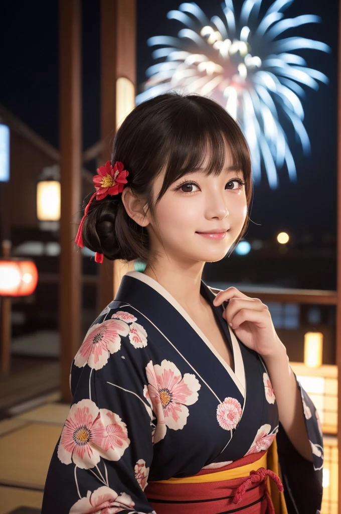 (1 Girl )、(Beautiful Japanese、18years old,round face、Refreshing、clear、seems kind、stylish、Pitiful、cute like an angel、cute、black eyes、(Single eyelid:1.3)、Beautiful skin), {(Japan human face:1.5),(General facial features)} , (((Beautiful breasts:0.4))),(((soft breasts))),(very cute),(Hair tied up),(short hair),(enchanting eyes),(highlight on eyes:1.2)、(8K、Live shooting、highest quality、masterpiece:1.2、optimal lighting)、((masterpiece)),(Photo taken by a professional photographer),(real、photo real:1.4),BREAK,{(Japanese Yukata),(kimono),(Floral)},(cheeks are red:1.3), BREAK, BREAK,Looking at fire works、Happy face,smile、Shy、buzzer、(((1970s vibe)))、night,fire works,profile、,firework、night,night空にきれいなfirework