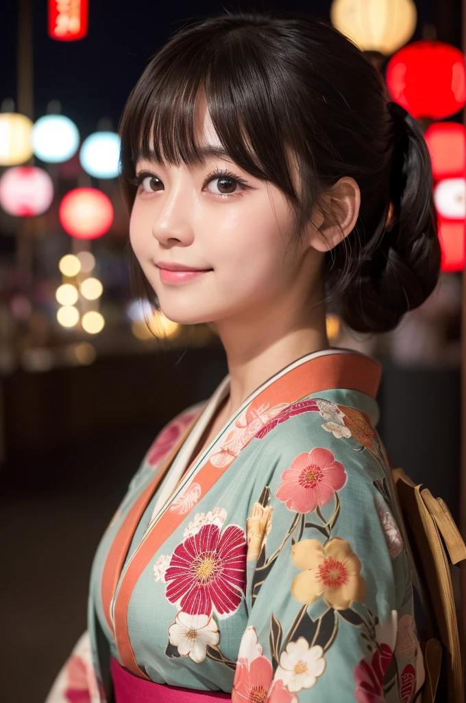 (1 Girl )、(Beautiful Japanese、18years old,round face、Refreshing、clear、seems kind、stylish、Pitiful、cute like an angel、cute、black eyes、(Single eyelid:1.3)、Beautiful skin), {(Japan human face:1.5),(General facial features)} , (((Beautiful breasts:0.4))),(((soft breasts))),(very cute),(Hair tied up),(short hair),(enchanting eyes),(highlight on eyes:1.2)、(8K、Live shooting、highest quality、masterpiece:1.2、optimal lighting)、((masterpiece)),(Photo taken by a professional photographer),(real、photo real:1.4),BREAK,{(Japanese Yukata),(kimono),(Floral)},(cheeks are red:1.3), BREAK, BREAK,Looking at fire works、Happy face,smile、Shy、buzzer、(((1970s vibe)))、night,fire works,profile、,firework、night,night空にきれいなfirework