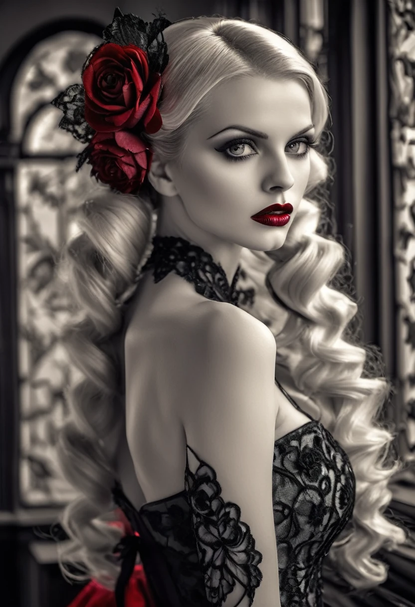 fantasy art deco (art deco: 1.5) A (black and white: 1.5) glamours (vampire: 1.5) model shot, RAW, award winning, of an exquisite beautiful 1solo female vampire, ultra feminine, full body, busty woman, most beautiful face ultra detailed face, ((blond long twin tails: 1.5)), twin tails decorated with black flowers,  pale skin, glowing (red: 1.3) eyes, wearing (lavender and red: 1.5) silk glamour intricate dress, with flowers on it,  wearing intricate high heels, light make up, ancient library background, (black and white filter: 1.4), (anatomically correct: 1.4), 1960s photoshoot style, picture taken from dynamic range, vibrant, Ultra-high resolution, High Contrast, (masterpiece:1.5), highest quality, Best aesthetics), best details, best quality, highres, ultra wide angle, 16k, [ultra detailed], masterpiece, best quality, (extremely detailed), Intense Gaze, dark novel, mega twintails