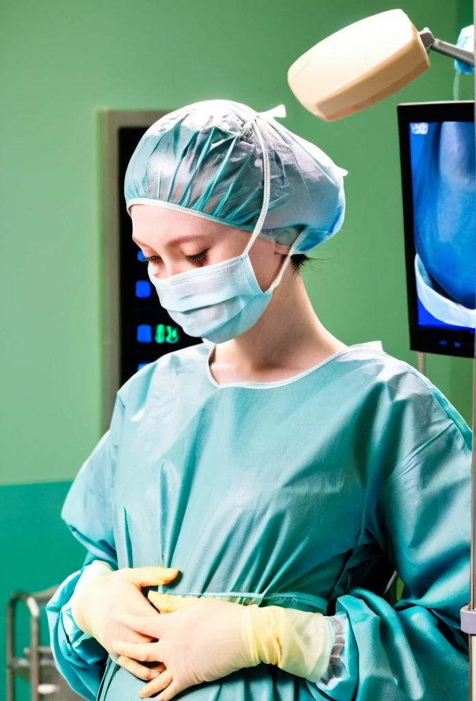 score_9,  score_8_up, score_7_up, masterpiece, highest quality, pale skin, shy eyes, cover the ears, , surgical mask, surgical cap, long sleeve surgical gown, pregnant with big belly,
1 girl, pregnant, solo, rubber gloves, frown,  standing, in one hospital, in the operating room,