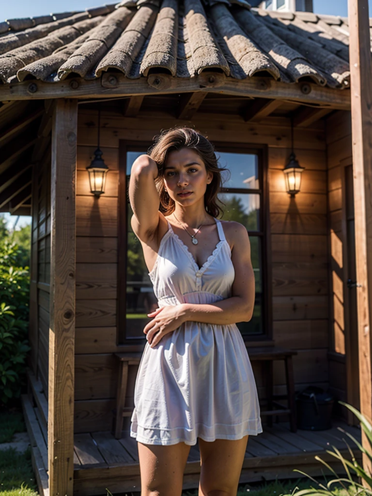 A beautiful woman with light delicately filtering through her hair, her summer dress is beautiful and she's standing in front of a cottage