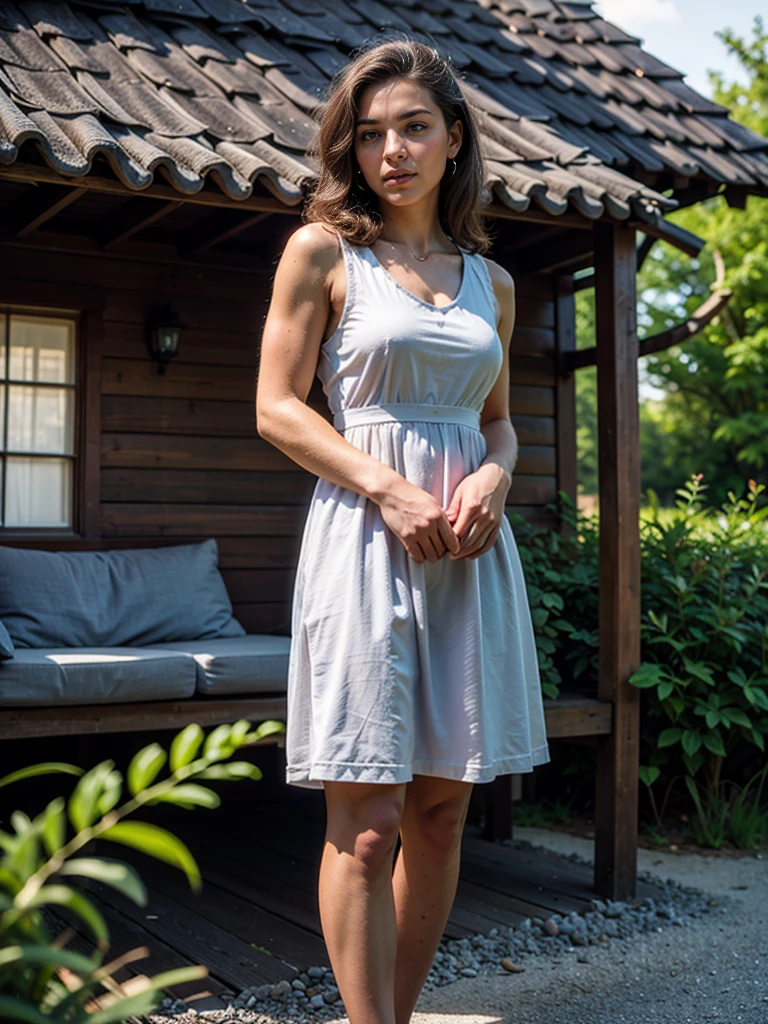 A beautiful woman with light delicately filtering through her hair, her summer dress is beautiful and she's standing in front of a cottage