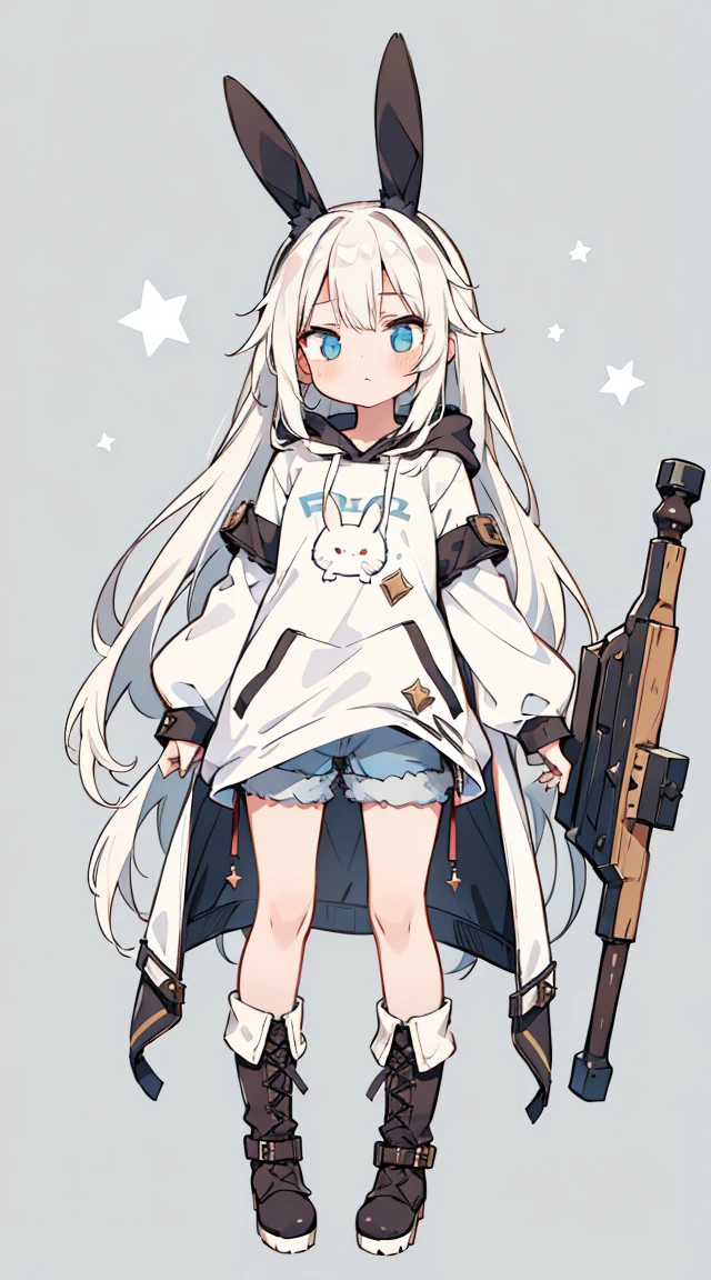 (masterpiece), Best quality, Fantasy art, 1 girl, a girl firing her long , white_hair, long hair, wicked, bunny ears, black hoodie with bunny ears, boots, hood with bunny ears, Clear face, white T-shirt under coat, shorts, without bangs