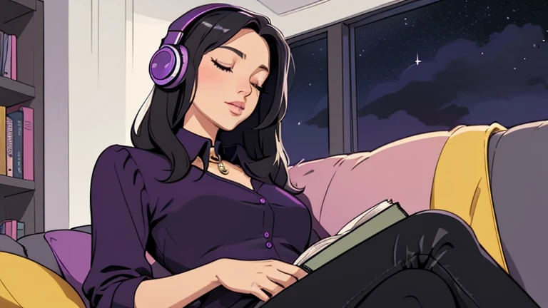 Beautiful woman in her 30s with black hair is sitting with headphones on the sofa. Stylish living room, Looking down, eyes closed, LOFI girl, alone in the room, purple blouse, relaxing mood, cozy, only five fingers, colorful, Well-proportioned face, Late night, night sky, book
