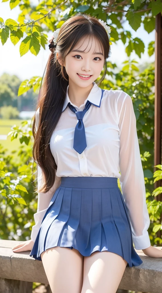 (Highest quality、Ultra-high resolution、８ｋ、masterpiece:1.3)、Beautiful woman with perfect figure:1.4、Black Hair、(((((School Uniform))))、Big eyes、Flashy uniforms、（high school girl）、(Checked Skirt)、Ultra mini skirt、A beautiful woman、Schoolカバン、Highly detailed face and skin、Detailed eyes、Shiny thighs、double eyelid、Thin legs、The best smile、(((１people)))、Beautiful views、School、（Schoolyard）、beautiful place、The best smile、Extraordinary beauty、Age: 16、Perfect Proportions、whole body、((blue sky))、Baby Face、Touch your hair with your hands、The wind is blowing、Sit on the ground、Physical education sitting、wave hands、I can see your underwear、White underwear、Camel legs、Panties visible from between the skirts、Spread your legs wide to the left and right、M-shaped legs、