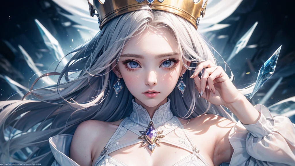 (masterpiece, 最high quality, the best, Official Art, Beautiful and beautiful, Long-term exposure: 1.2), Smooth movement, Attractive patterns, 1 Girl, (Long sleeve dress: 1.3), (((White clothes) )), Delicate face,Lavender colored hair,Wavy Hair, Gradient Hair,Long Hair, Bare shoulders, ,Detailed Background, Delicate face, (Crystallized Aluminum, Crystal Theme:1.1), Elemental , Dynamic pose, Suspended particles, Ethereal atmosphere,gem,One girl,goddess,Delicate and beautiful face,Flowing,Full Breast,Perfect balance, Detailed clothing details,Cinema Lighting, Film Grain, Fujicolor, Light and dark contrast, 8K, masterpiece, Textured skin, Super detailed, High detail, high quality, High resolution,(最high quality, masterpiece, Dynamic Angle, Highest Details),Wearing the Crown,White background