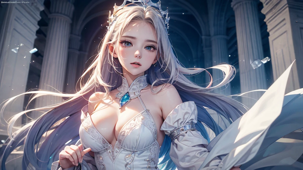 (masterpiece, 最high quality, the best, Official Art, Beautiful and beautiful, Long-term exposure: 1.2), Smooth movement, Attractive patterns, 1 Girl, (Long sleeve dress: 1.3), (((White clothes) )), Delicate face,Lavender colored hair,Wavy Hair, Gradient Hair,Long Hair, Bare shoulders, ,Detailed Background, Delicate face, (Crystallized Aluminum, Crystal Theme:1.1), Elemental , Dynamic pose, Suspended particles, Ethereal atmosphere,gem,One girl,goddess,Delicate and beautiful face,Flowing,Full Breast,Perfect balance, Detailed clothing details,Cinema Lighting, Film Grain, Fujicolor, Light and dark contrast, 8K, masterpiece, Textured skin, Super detailed, High detail, high quality, High resolution,(最high quality, masterpiece, Dynamic Angle, Highest Details),Wearing the Crown,White background