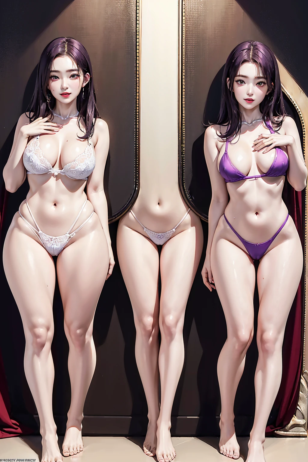 (Finest quality)),(A high resolution),(ultra-detailed art),(Meticulous portrayal),((Best Anime)),(Finest works of
art),sharpness,Clear,Ultra-Precision Art,The art of astounding depiction,(masterpiece), high quality, stable diffusion,
short Hair, short ponytail, purple hair, vibrant purple hair, extremely detailed hair, detailed bangs, with bangs,
black hair, blonde hair, red hair,
pretty face, beautiful lips, soft lips,pretty face, close up face, gorgeous beauty,
green eyes,
serious face, pretty nose, beautiful nose, perfect nose, pretty eyes, beautiful eyes, sparkling eyes, detailed eyes,
perfect eyes, looking at the camera,
happy, jolly, smiling, seductive, blushing, bukake, happy face, jolly face, excited face,
clear skin,white skin, soft skin, small bust, small breasts, smooth skin, mole in breast,
beautiful girl irene, red velvet irene,
slight cleavage, expose shoulders, perfect body, detailed thighs, detailed legs, perfect hands, perfect arms, detailed
hands, detailed breasts, detailed nose, detailed lips, detailed arms, sexy body,
show tongue, sexy thighs, sexy tongue, drooling,
show whole body, fully body woman,
pretty woman,sweaty face, sweaty thighs, sweaty breasts, sexy, seductive, horny, pointy nipples,
Naked, milking nipples, milking breasts, no bra, purple micro panty, transparent panty, cameltoe, dripping nipples,
slimy hair, slimy wet body, slimy body, slimy breasts, wet breasts, wet panties, wet thighs, water dripping from breasts
and panties,
body details,
standing full body, full body image from head to toe, sexy model pose, raised arms, hands up,
show legs, show thighs, cute standing female, horny female dancer idol,
group of sexy female models in beach, sands and water, wet body, naked feet, show feet, cute standing pose, thighs apart,
legs apart, feet apart, spread legs, bare foot, no sandals,