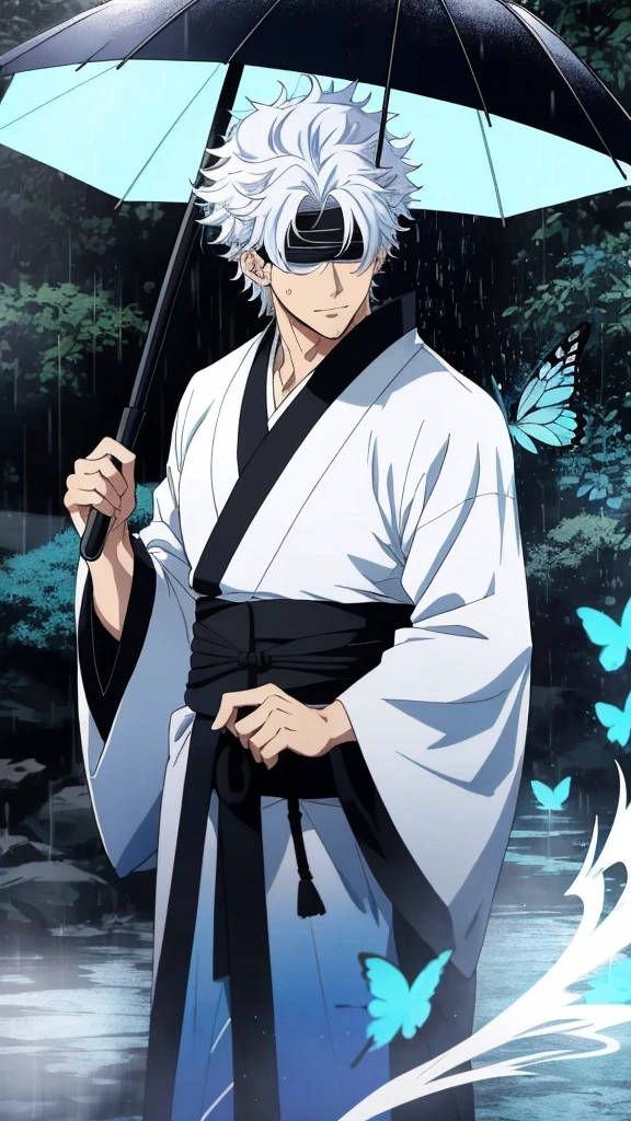 Menerjemahkan teks dengan kamera
a handsome and sexy male character with blue eyes, curly white hair, a black cloth as a blindfold, named "GOJO SATORU" wearing a kimono, pitch black, standing in the falling rainwater while holding an umbrella, with the effect of . 8k realistic HDR and a collection of bright blue butterflies.