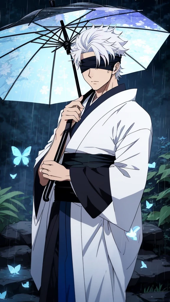 Menerjemahkan teks dengan kamera
a handsome and sexy male character with blue eyes, curly white hair, a black cloth as a blindfold, named "GOJO SATORU" wearing a kimono, pitch black, standing in the falling rainwater while holding an umbrella, with the effect of . 8k realistic HDR and a collection of bright blue butterflies.