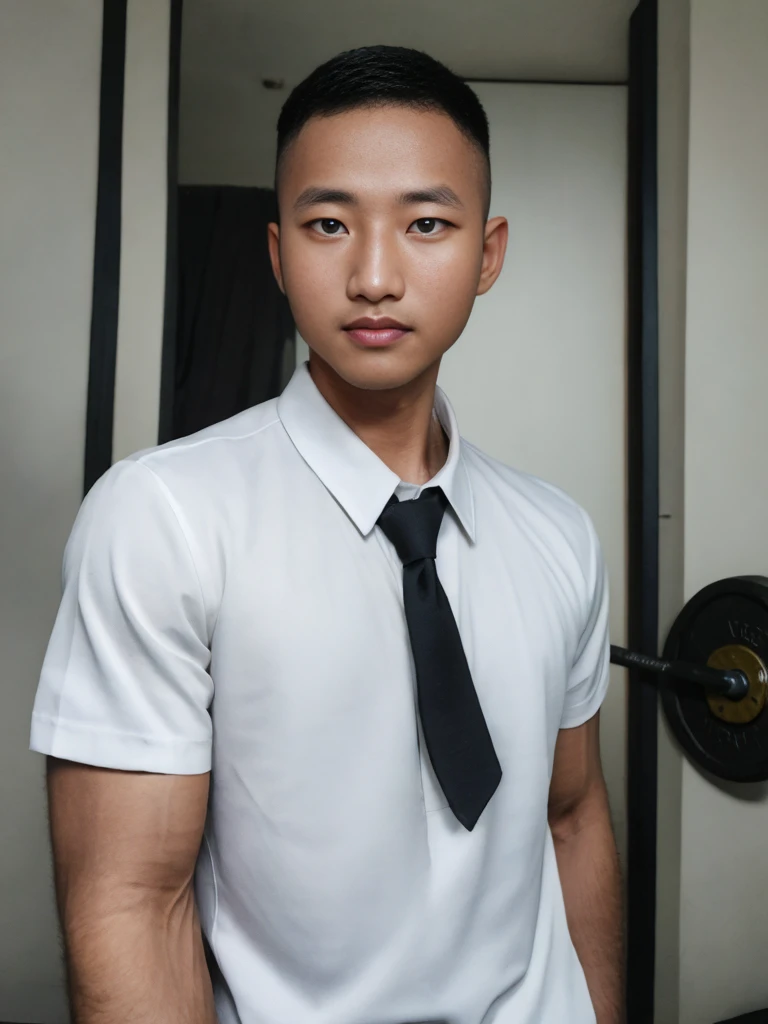 masterpiece, best quality, high resolution, realistic, handsome, photogenic, syahnk, SFW, a photo of a 35 year old frat (man:1.2) portrait, , military press, weights, stunning , short buzzcut hair,stubble head , (hypermuscle),looking at the viewer, flirting with the camera, charming, (tight white shirt ),(GS-Masculine:1), 8K UHD , ยืนในห้องอาหาร