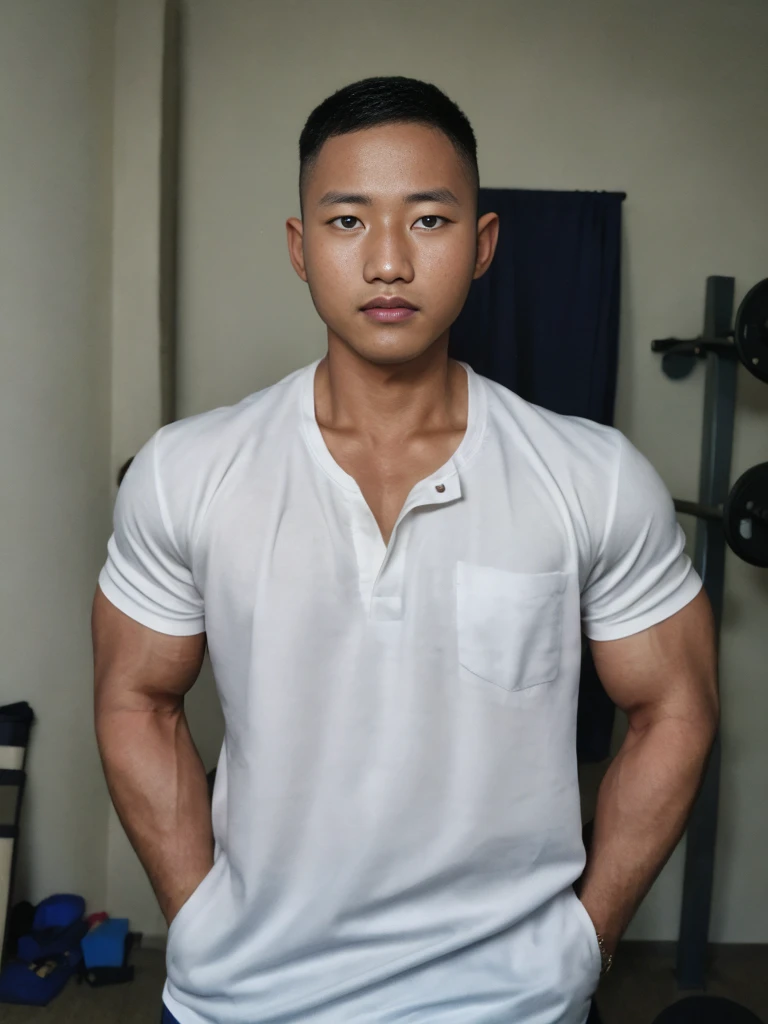 masterpiece, best quality, high resolution, realistic, handsome, photogenic, syahnk, SFW, a photo of a 35 year old  frat (man:1.2) portrait, , military press, weights, stunning , short buzzcut hair,stubble head , (hypermuscle),looking at the viewer, flirting with the camera, charming, ( shirt ),(GS-Masculine:1), 8K UHD , ยืนในห้องอาหาร