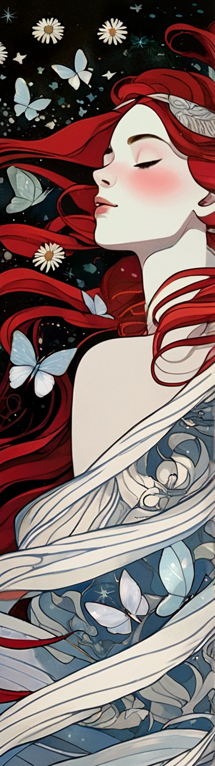 a painting of a woman with long red hair and butterflies, by Kelly McKernan, inspired by Kelly McKernan, brittney lee, inspired by Rebecca Guay, by Rebecca Guay, anime art nouveau cosmic display, julie dillon, a beautiful artwork illustration, laurie greasley and james jean, dreamy illustration, inspired by Miho Hirano, by Audrey Kawasaki