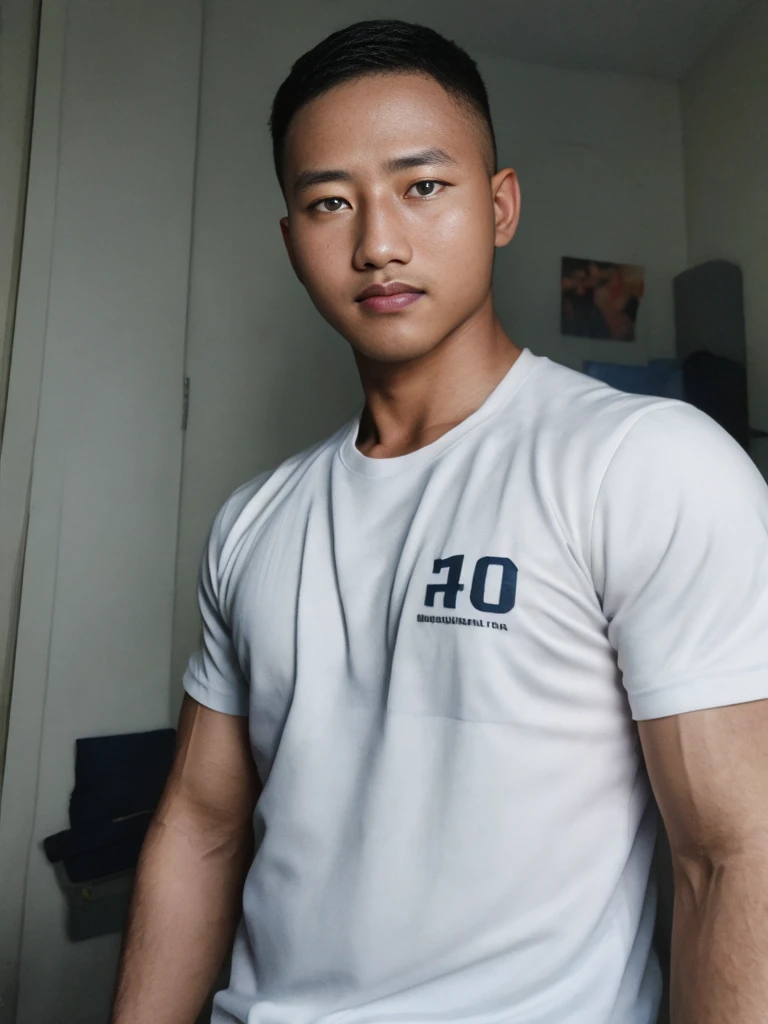 masterpiece, best quality, high resolution, realistic, handsome, photogenic, syahnk, SFW, a photo of a 35 year old  frat (man:1.2) portrait, , military press, weights, stunning , short buzzcut hair,stubble head , (hypermuscle),looking at the viewer, flirting with the camera, charming, (tight white shirt ),(GS-Masculine:1), 8K UHD , ยืนในห้องอาหาร