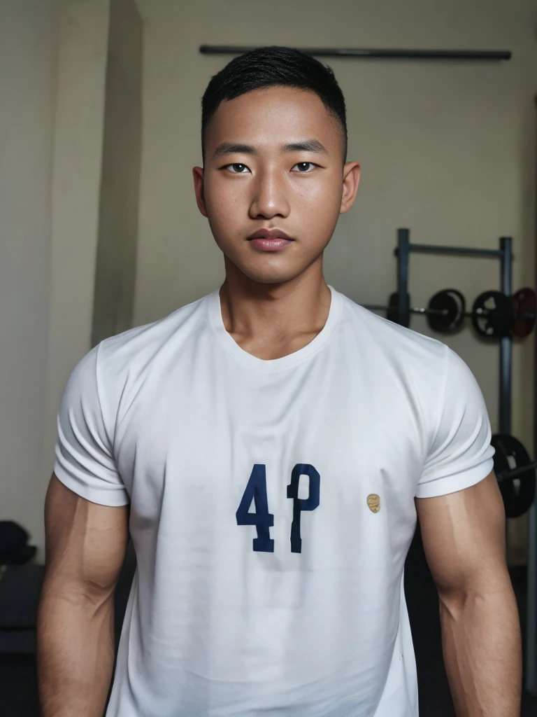 masterpiece, best quality, high resolution, realistic, handsome, photogenic, syahnk, SFW, a photo of a 35 year old frat (man:1.2) portrait, , military press, weights, stunning , short buzzcut hair,stubble head , (hypermuscle),looking at the viewer, flirting with the camera, charming, (tight white shirt ),(GS-Masculine:1), 8K UHD , ยืนในห้องอาหาร