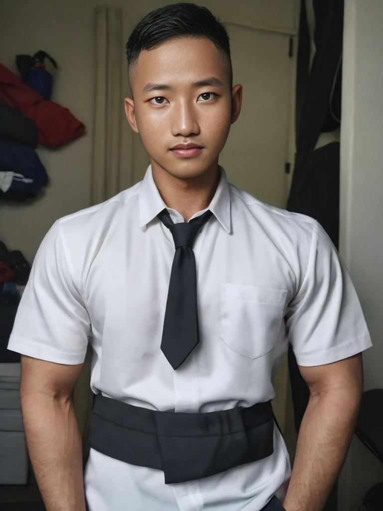 masterpiece, best quality, high resolution, realistic, handsome, photogenic, syahnk, SFW, a photo of a 35 year old  frat (man:1.2) portrait, , military press, weights, stunning , short buzzcut hair,stubble head , (hypermuscle),looking at the viewer, flirting with the camera, charming, (tight white shirt ),(GS-Masculine:1), 8K UHD , ยืนในห้องอาหาร