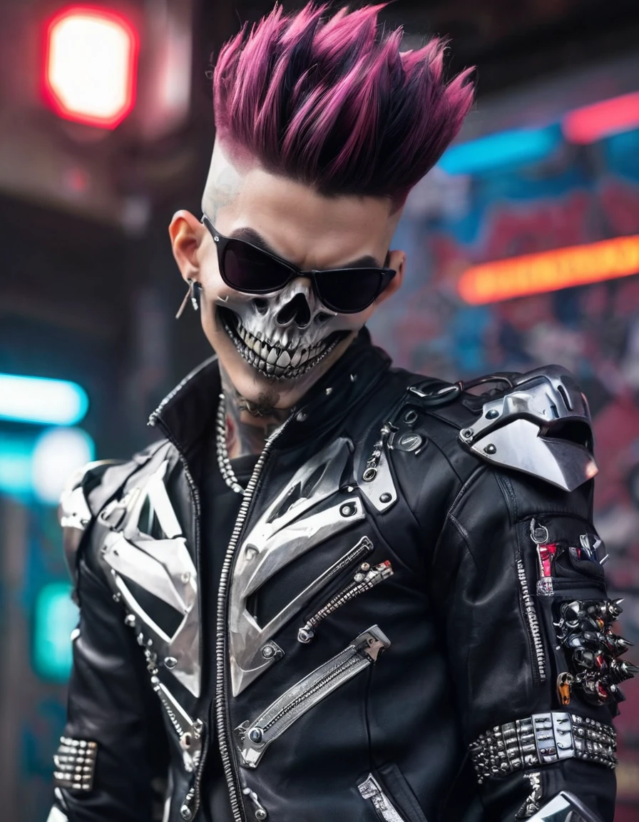 Create a vivid, hyper-detailed digital artwork featuring a menacing punk-rock cyborg with a grotesque and surreal appearance. The character's head should be predominantly skull-like, adorned with multiple large, glaring eyes of various colors, each intricately detailed with veins and mechanical enhancements. The skin should be stretched and textured, incorporating metallic elements and piercings. Spiked mohawk hair should protrude from the skull, with each spike tipped in a different color, adding to the chaotic aesthetic. The mouth should be wide open, revealing layers of sharp, metallic teeth and a multi-colored tongue, with mechanical components visible inside the mouth.
The cyborg should wear a leather jacket covered in spikes, chains, and patches, enhancing the punk vibe. Detailed accessories such as padlocks, keys, and various piercings should hang from the face and jacket, each adding to the character's backstory. The background should depict a dimly lit, grungy urban environment with graffiti-covered walls and flickering neon lights, setting the scene in a dystopian future. Shadows and lighting should be used to highlight the intricate details and textures of the character, creating a sense of depth and atmosphere. The overall composition should evoke a sense of chaos, rebellion, and otherworldly horror.
