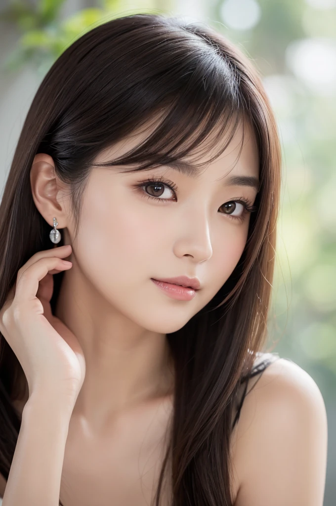 Photorealistic portrait of a 31-year-old Japanese actress, Kasumi Arimura inspired, distinctly East Asian features, soft oval face with gentle jawline and subtly rounded chin, smooth flawless skin with natural subtle yellowish undertone, large captivating almond-shaped dark brown eyes, visible single eyelid fold, straight black eyelashes, low and flat nose bridge with slightly upturned nose tip, full pink lips with gentle curve, prominently soft and plump cheeks with natural fullness giving a youthful and gentle appearance, subtle cheekbones without sharp angles, long lustrous straight black hair with dark brown undertones reaching past shoulders, wispy side-swept bangs framing face, hair parted slightly off-center, slender graceful neck, yet elegant figure at 160cm tall, wearing a form-fitting off-shoulder black dress or intricate white lace top, small dangling silver earrings, minimal natural makeup with soft peachy blush on rounded cheeks, light pink lip tint and subtle taupe eyeshadow, neatly groomed straight eyebrows, soft diffused studio lighting creating a warm glow, high-key portrait style, ultra high-resolution 8K photograph, gentle and warm expression with a subtle, close-lipped smile, direct eye contact with camera conveying both sweetness and maturity, known for versatile roles in popular Japanese dramas and films