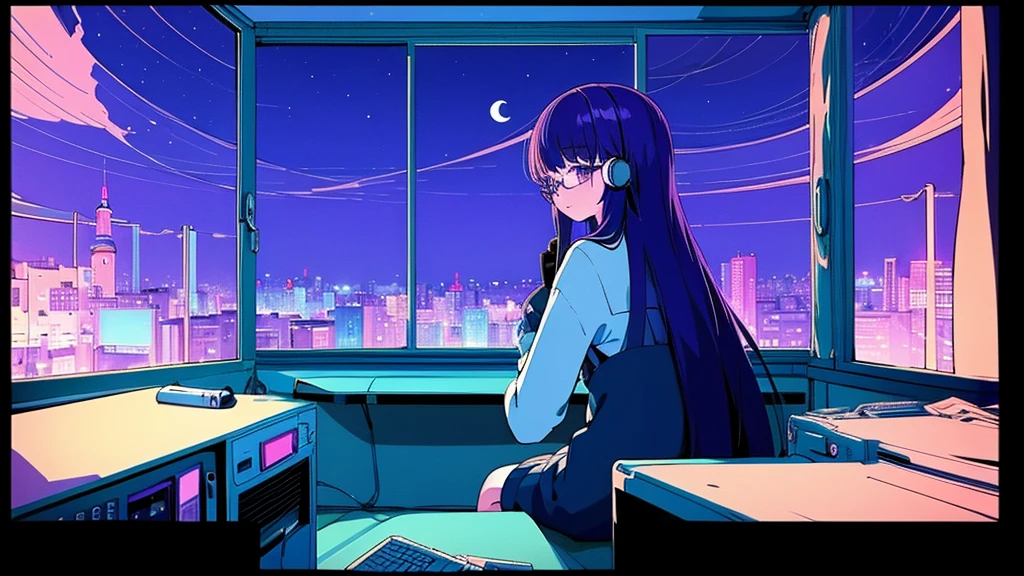 (from behind), Anime girl sitting in front of a computer in a cozy bedroom, Girl listening to music while studying in a cozy room (night), Using headphones, on the roof, (beautiful night views from windows), lots of things, 2D anime style, The aesthetics of anime in the 90s, lo-fi, long hair, very detailed, Hard disk, A mix of anime style and Fujifilm, surreal, 8K, masterpiece, violet eyes,black gloves, round glasses, long sleeves,violet hair, round glasses, Flat Chest, smile