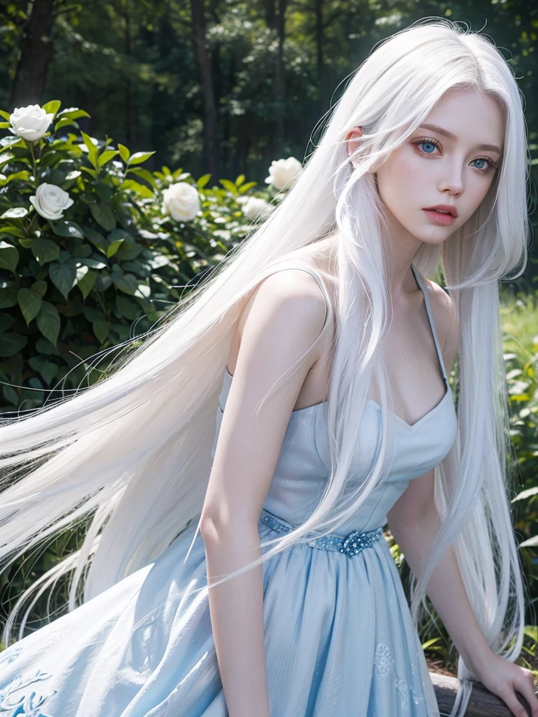 Long white hair, blue eyes, serious features, white skin, loose style, in a garden, with flowers , in the forest , killer frost the flash 