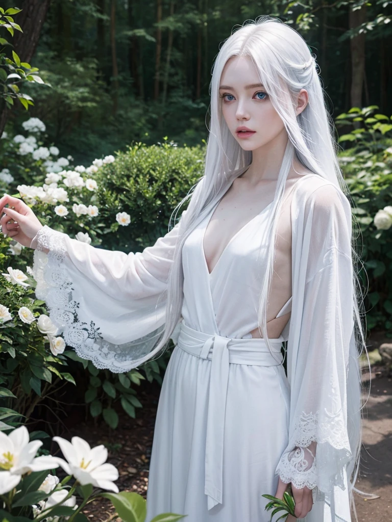 Long white hair, blue eyes, serious features, white skin, loose style, in a garden, with flowers , in the forest , killer frost the flash 