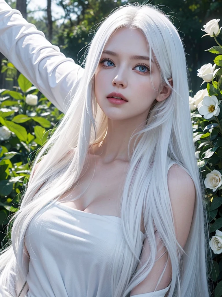 Long white hair, blue eyes, serious features, white skin, loose style, in a garden, with flowers , in the forest , killer frost the flash 