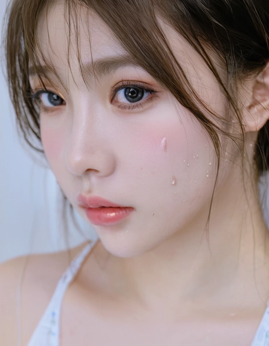 Medium wide angle close-up, Portraiture, Wide shot, Profile photo, Front view, One girl, woman, ((((Crying face)))、(((Watery eye)),Photorealistic)、(Intricate details:1.2)、(masterpiece、:1.3)、Facial beauty, (Highest quality:1.4)、(Ultra-high resolution:1.2)、Ultra-high resolution、(Detailed eyes)、(Detailed faceの特徴), ((Realistic lighting、Highest quality、8K、Natural light, masterpiece:1.3))、Bright photo, Clear focus:1.2、One girl in、Perfect beauty:1.4、Super Fine Face、I narrowed my eyes.、double eyelid、Photo Real, Perfect Eyes, Perfect Skin, Detailed skin, Detailed face, The audience watching, Front view, Portraiture, RAW Photos, Simple soft pink background, (intricate Detailed skin textured:1.4) Front view, The audience watching, Clear Face,  1 Girl、Polate、Bright and very beautiful face、beautiful girl, A stunning close-up portrait showing off the beauty of the Korean model. The composition is soft, Natural lighting , Bright Eyes, Impressive cheekbones. Her Shiny,  The background is a simple white background,  Wear a sweet shirt, Neat hair, Long Hair, Instagram Model, Profile photo, Bright and natural