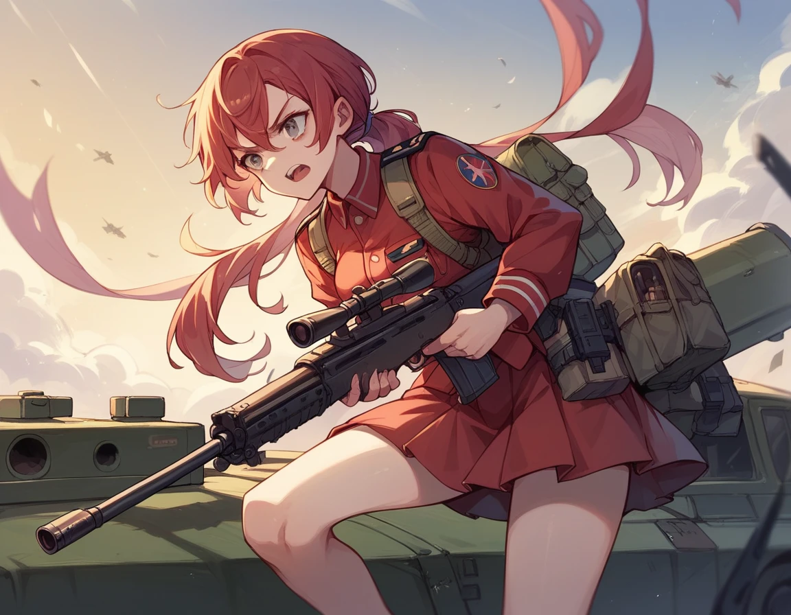 A platoon of girls wearing bright red military uniforms and long red skirts、A girl platoon leader equipped with an anti-material rifle and a handgun、A girl in a red military uniform with an assault rifle and a rocket launcher、Infantry fighting vehicle、Omaha Beach