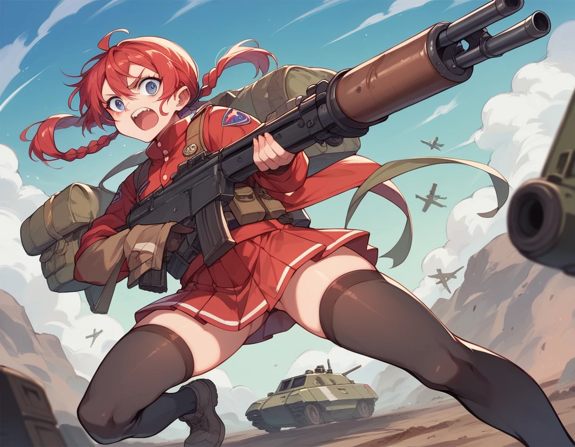 A platoon of girls wearing bright red military uniforms and long red skirts、A girl platoon leader equipped with an anti-material rifle and a handgun、A girl in a red military uniform with an assault rifle and a rocket launcher、Infantry fighting vehicle、Omaha Beach