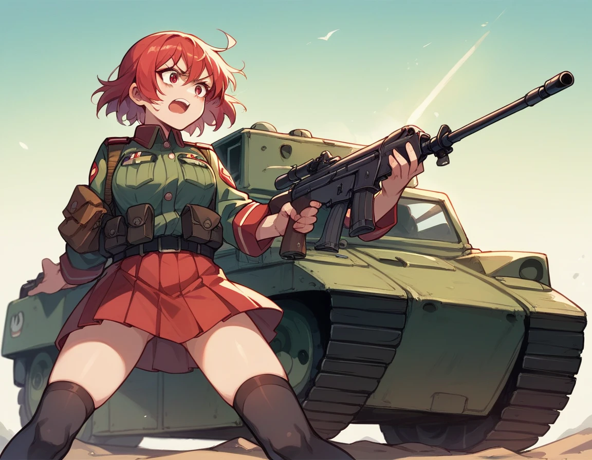 A platoon of girls wearing bright red military uniforms and long red skirts、A girl platoon leader equipped with an anti-material rifle and a handgun、A girl in a red military uniform with an assault rifle and a rocket launcher、Infantry fighting vehicle、Omaha Beach