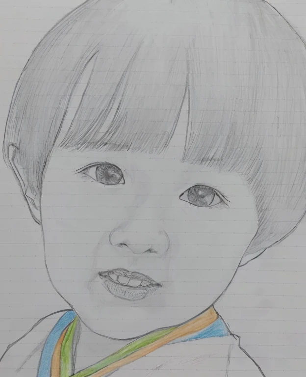 photograph of a young boy with a medal around his neck, Detailed face of asian boy, by Ayako Rokkaku, Inspired by Takeharu Matsumura, By Yasutomo Oka, Pencil sketch, Close-up portrait, By Yuki Ogura, Inspired by Huang Gongwang, 子供のphotographに基づいて, photograph