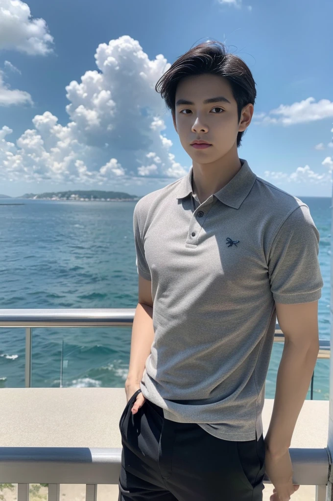 Young man in a gray polo shirt Standing by the sea with an expression, looking into the distance Turn your head slightly.，Cloudy day, coffee shop