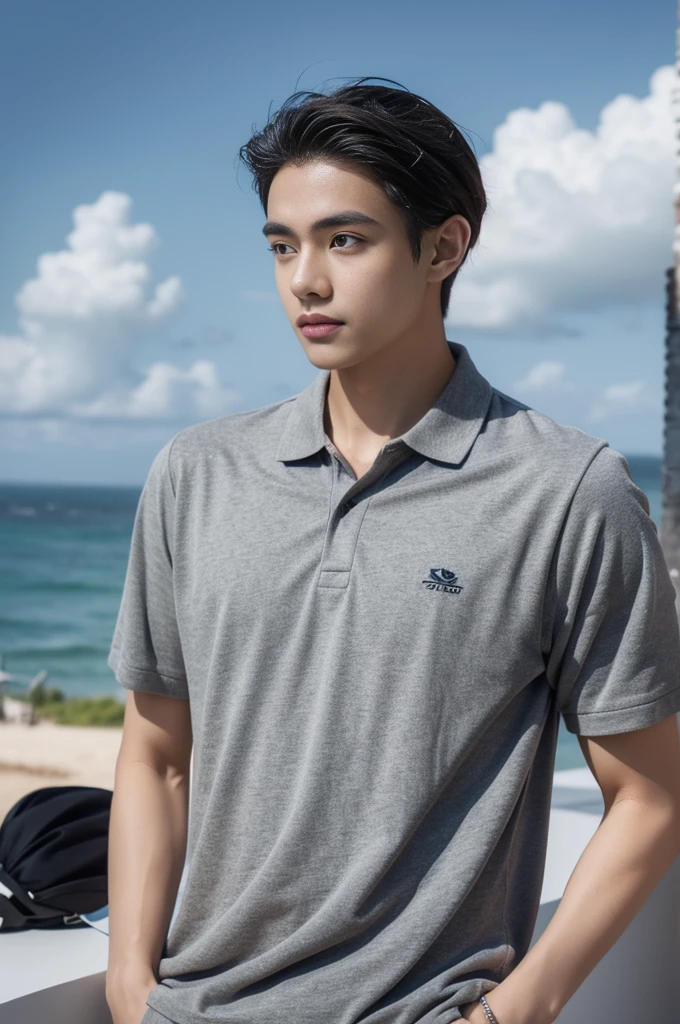 Young man in a gray polo shirt Standing by the sea with an expression, looking into the distance Turn your head slightly.,Cloudy day, coffee shop