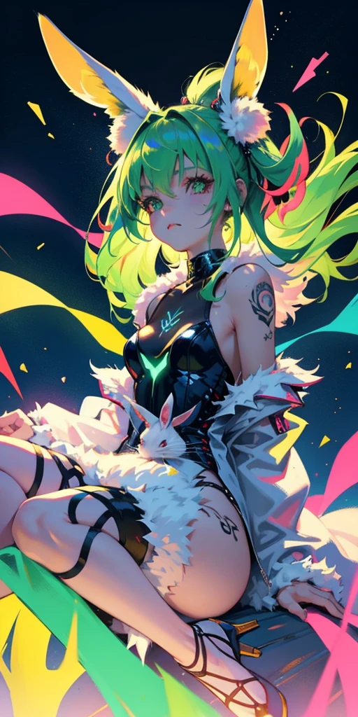 Rabbit technique , Science Fiction, Fluffy , 
1 girl, Tattoo, Glowing tattoo, Glowing eyes, Colorful glowing hair , Full body love, Green Hair,
  Kawaiitech, Soft colors, Kawaii, Lovely colors,