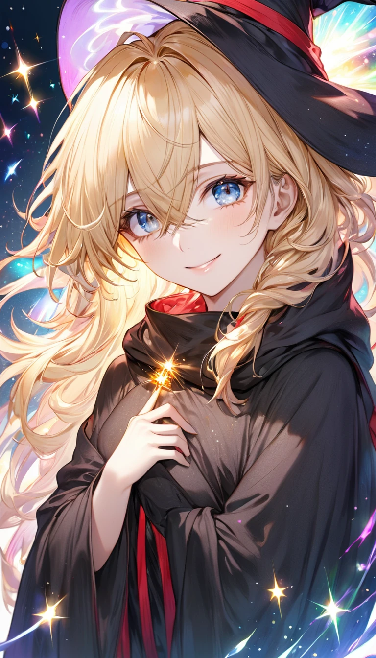 ((best quality)), ((masterpiece)), (detailed face and eyes), detailed hands and fingers, perfect face, accurate, textured skin, high details, blonde hair, gradient hair, hair between eyes, hair over shoulder, big hair, hair over eyes, hair flaps, mole under eye, tareme, smile, Expressionism, anime, sparkle, Pastel art, wizard, wizard hat, black cloak, red ribbon, Magic that emits light, Torrent of Light, wide shot, vanishing point