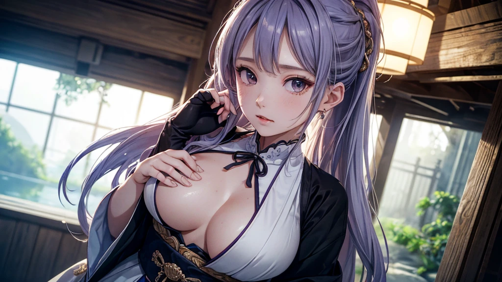 One girl,goddess,Delicate and beautiful face,Flowing,Full Breast,Perfect balance, detailedな衣服のdetailed,Cinema Lighting, Film Grain, Fujicolor, Light and dark contrast, 8K, masterpiece, Textured skin, 超detailed, High detail, high quality, High resolution,(最high quality, masterpiece, colorful, Dynamic Angle, highest detailed)Full body photo, ull body photos magnificent real, (close), One girl, floating midnight purple hair, long 髪,,Ponytail Hair, Shrine maiden clothing with intricate patterns, ultra detailed, (texture_clothing), Japanese-style scenery, (Intricate details, hyperdetailed:1.15), detailed, light passing through 髪, (Official Art, extreme detailed, highest detailed),