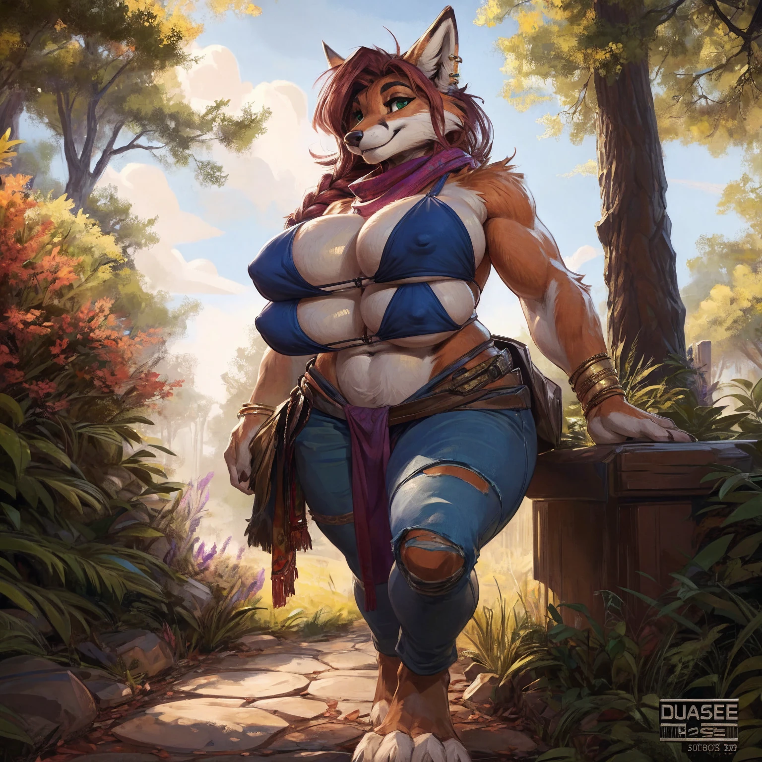 8K, ((masterpiece)), ((stunning artwork)), (carefully drawn), (highly detailed), uploaded to e621.net, solo, fox, female, short woman, shortstack, older woman, milf, curvy, thick, orange fur, white markings, dark red hair, long hair, braided hair, green eyes, perfect eyes, (four breasts:1.4), (quadboob:1.2), top breasts are larger, huge breasts, nipple outline, older woman, furry body, wide body, wide hips, thick thighs, big arms, (huge breasts:1.1), heavy breasts, nipple outline, highly detailed eyes, milf, tank top, bare midriff, cleavage, large areolae, blue jeans, lowrise jeans, bare midriff, visible thong straps, Masterpiece, best quality, absurd res, highly detailed, cleanly drawn eyes, park environment, jewelry, hippie, scarf, cute smile, standing upright, casual posture, buff, barefoot, standing upright, digitgrade, four toes, by darkgem, by duase,