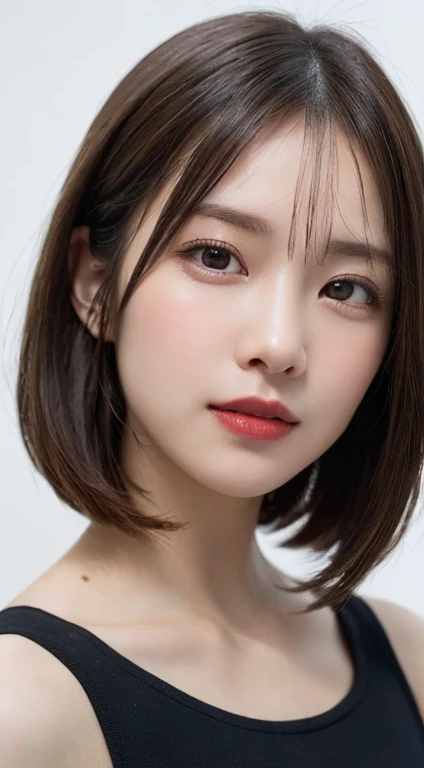 ((Close-up photo of the face:1.4)), Mix 4, (8K, RAW Photos, Highest quality, masterpiece: 1.45), (Realistic, Photorealistic: 1.37), One Girl, cute, Laughter, Professional Lighting, Plain,Photon Mapping, Radio City, Physically Based Rendering, Gradient Blonde Hair, Brown Hair, Very short hair,Gal,good looking, With a girl,Tank top,Highest qualityの写真, High resolution, 1080P, (Beautiful face), (Detailed facial depiction), (Detailed explanation of hand masterpiece), Vibrant, Extreme light and shadow, Bob Cut Hair, masterpiece, Rich details, (Detailed facial features), (Highest qualityの写真), (masterpiece), (Finely tuned), dual、Look in front of you, Thin clavicle,Simple white background,Warped hips
