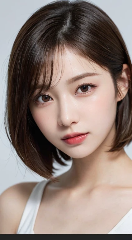 ((Close-up photo of the face:1.4)), Mix 4, (8K, RAW Photos, Highest quality, masterpiece: 1.45), (Realistic, Photorealistic: 1.37), One Girl, cute, Laughter, Professional Lighting, Plain,Photon Mapping, Radio City, Physically Based Rendering, Gradient Blonde Hair, Brown Hair, Very short hair,Gal,good looking, With a girl,Tank top,Highest qualityの写真, High resolution, 1080P, (Beautiful face), (Detailed facial depiction), (Detailed explanation of hand masterpiece), Vibrant, Extreme light and shadow, Bob Cut Hair, masterpiece, Rich details, (Detailed facial features), (Highest qualityの写真), (masterpiece), (Finely tuned), dual、Look in front of you, Thin clavicle,Simple white background,Warped hips