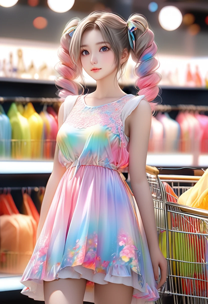 a cute angelic girl, [soft fluffy braided hair], ribbons, (((twin tails))), summer-like, [bright colored tiered dress], [subtle skin exposure], shopping, (best quality,4k,8k,highres,masterpiece:1.2),ultra-detailed,(realistic,photorealistic,photo-realistic:1.37),HDR,UHD,studio lighting,ultra-fine painting,sharp focus,physically-based rendering,extreme detail description,professional,vivid colors,bokeh,portraits,