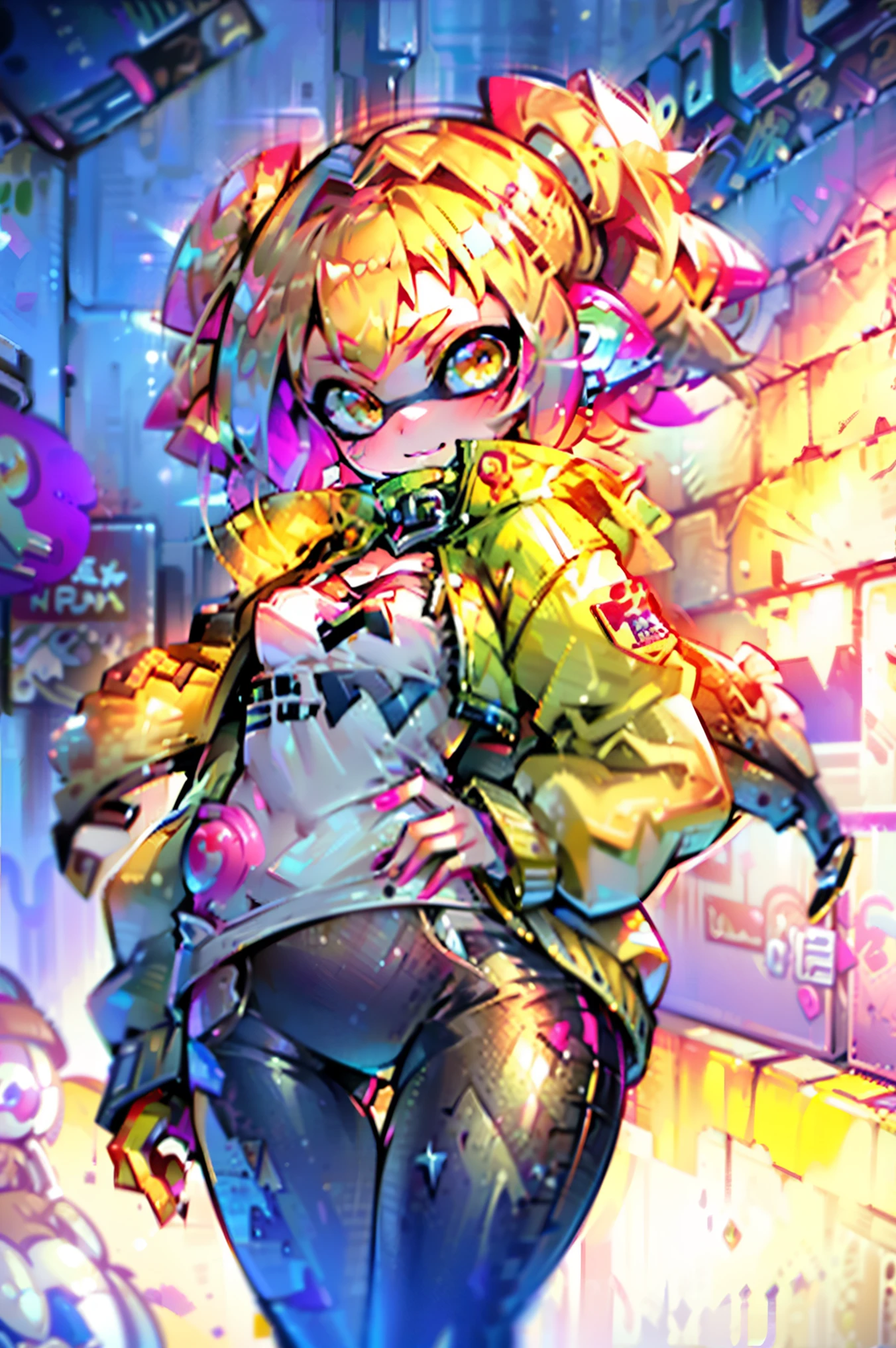 8K,Super detailed,super high quality,Ultra-precision,The ultimate masterpiece,Splatoon girl gal, Golden Eyes、big ,big Thigh,White Leather Jacket,jeans,Twin tails(blonde&Pink mix tentacle hair),Cool graffiti on the wall,Cyberpunk Street, smile、blush、Real Anime、3d、