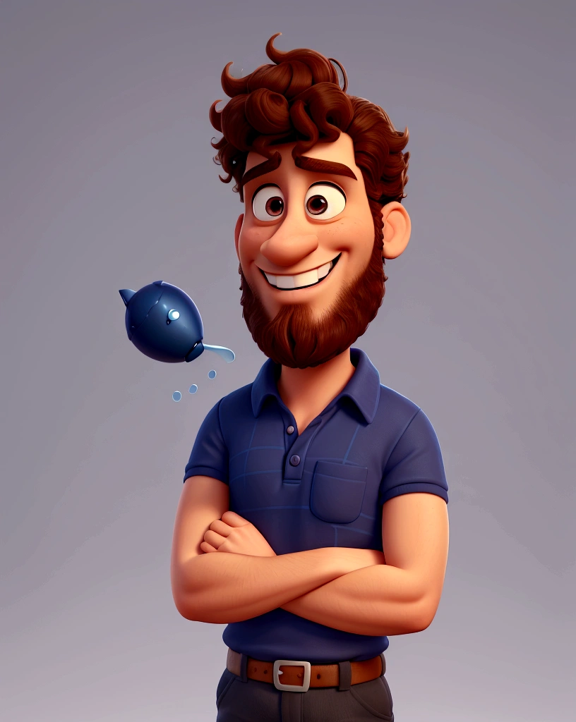 Create a Disney Pixar-style 3D model of a 30-year-old man with short, curly hair, well-groomed beard, wearing a dark blue polo shirt. He must have his arms crossed and display a confident and cocky smile. The style should include exaggerated features typical of Pixar, like big, expressive eyes, with a smooth skin texture and vibrant colors. The background should be simple and colorful, with soft elements that complement the character.